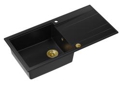 Quadri Luton zwarte granieten opbouw spoelbak met afdruipvlak omkeerbaar 100x50cm met gouden plug 1208967317