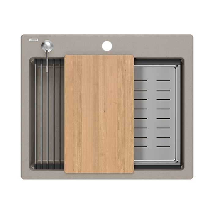 Quadri Durham taupe graniet opbouw spoelbak 595x500 met zeepdispenser, snijplank, inzetbak en rolmat 1208967376 - Productafbeelding