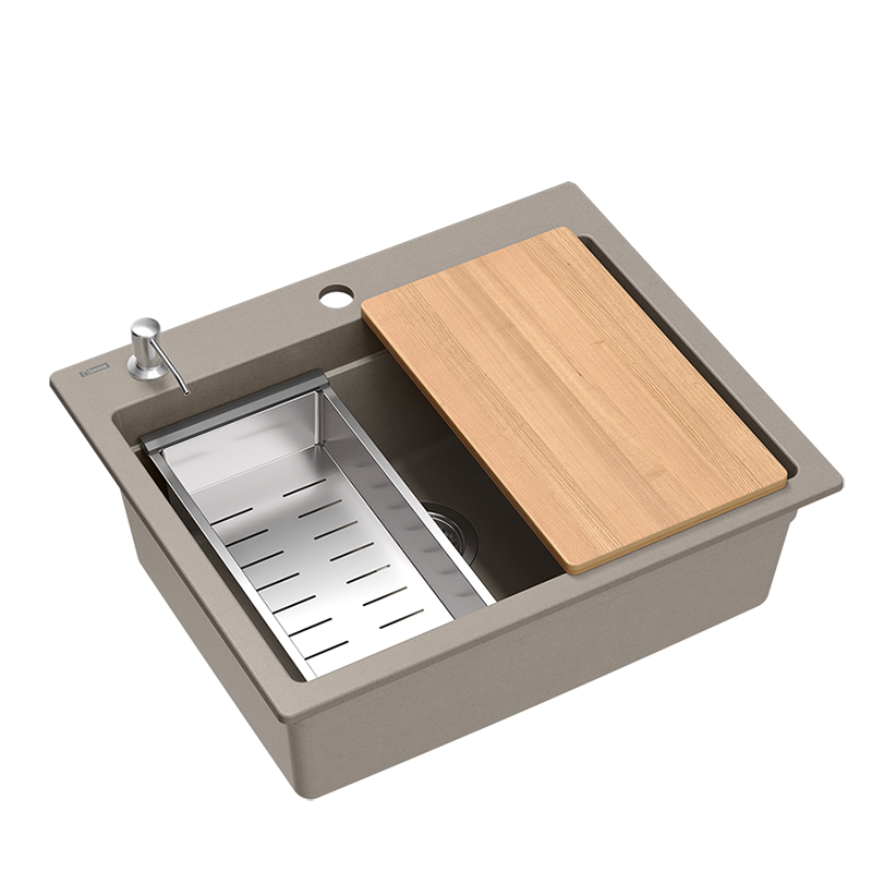 Quadri Durham taupe graniet opbouw spoelbak 595x500 met zeepdispenser, snijplank, inzetbak en rolmat 1208967376 - Productafbeelding 2