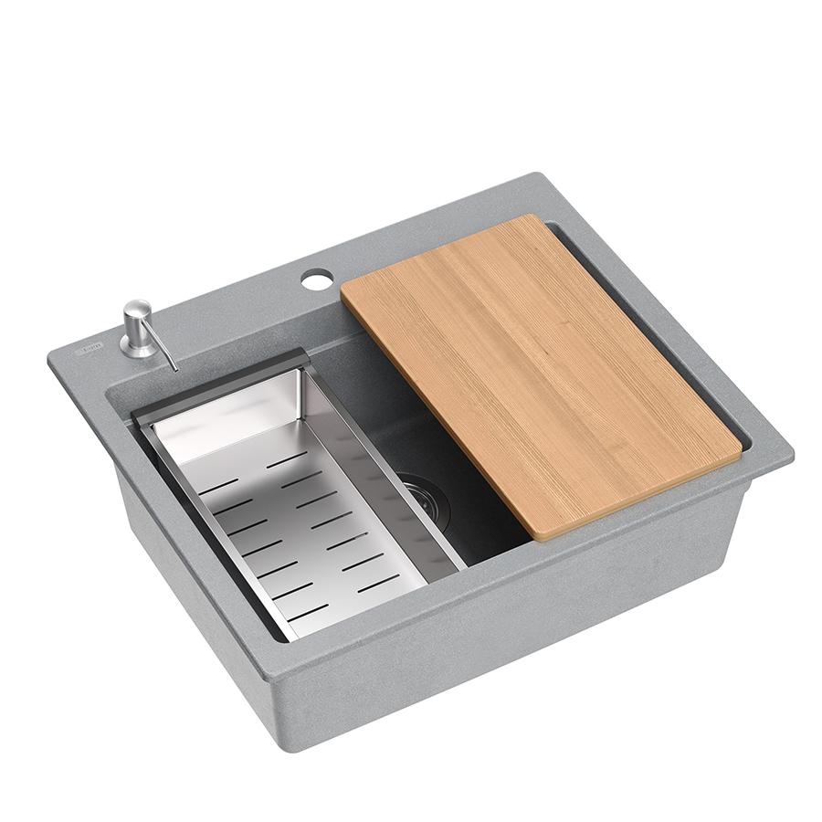 Quadri Durham grijs graniet opbouw spoelbak 595x500 met zeepdispenser, snijplank, inzetbak en rolmat 1208967378 - Productafbeelding 3