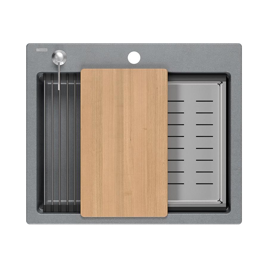 Quadri Durham grijs graniet opbouw spoelbak 595x500 met zeepdispenser, snijplank, inzetbak en rolmat 1208967378 - Productafbeelding