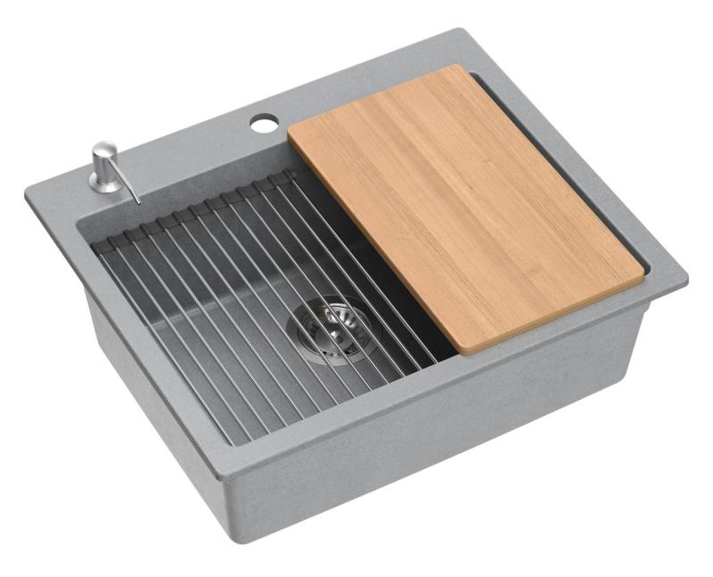 Quadri Durham grijs graniet opbouw spoelbak 595x500 met zeepdispenser, snijplank, inzetbak en rolmat 1208967378