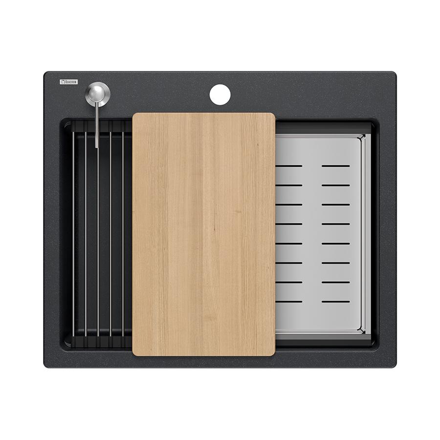 Quadri Durham antraciet graniet opbouw spoelbak 595x500 met zeepdispenser, snijplank, inzetbak en rolmat 1208967379 - Productafbeelding