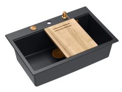 Quadri Hard Rock mat zwarte granieten opbouw grote spoelbak 76x50cm inclusief koperen plug en accessoire 1208967423