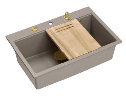 Quadri Hard Rock taupe granieten opbouw grote spoelbak 76x50cm inclusief gouden plug en accessoires 1208967436