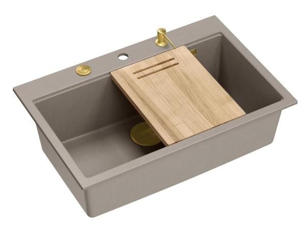 Quadri Hard Rock taupe granieten opbouw grote spoelbak 76x50cm inclusief gouden plug en accessoires 1208967436