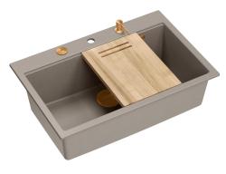 Quadri Hard Rock taupe granieten opbouw grote spoelbak 76x50cm inclusief koperen plug en accessoires 1208967439