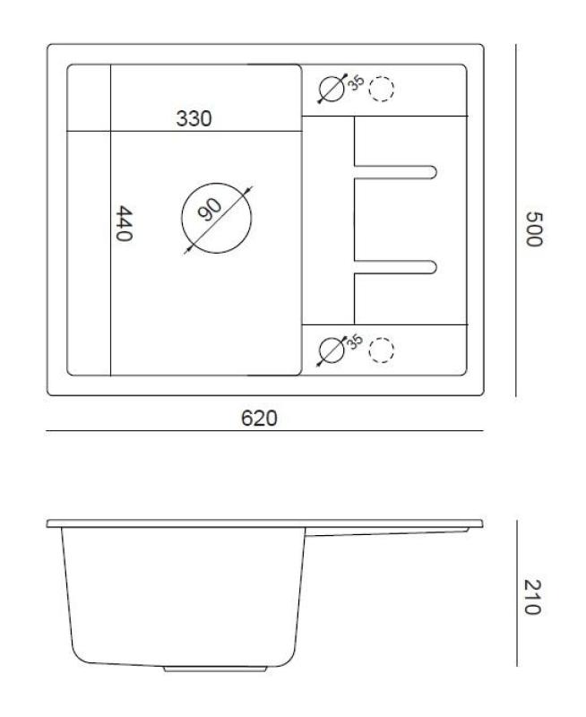 Quadri Dalton zwart granieten opbouw spoelbak met afdruipvlak 62x50cm met koperen plug 1208967569
