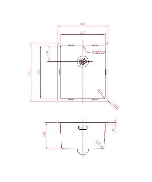 Pure.Sink Prestige spoelbak 34x40 cm PVD Goud 10mm radius onderbouw, vlakbouw en opbouw PPG3440-60