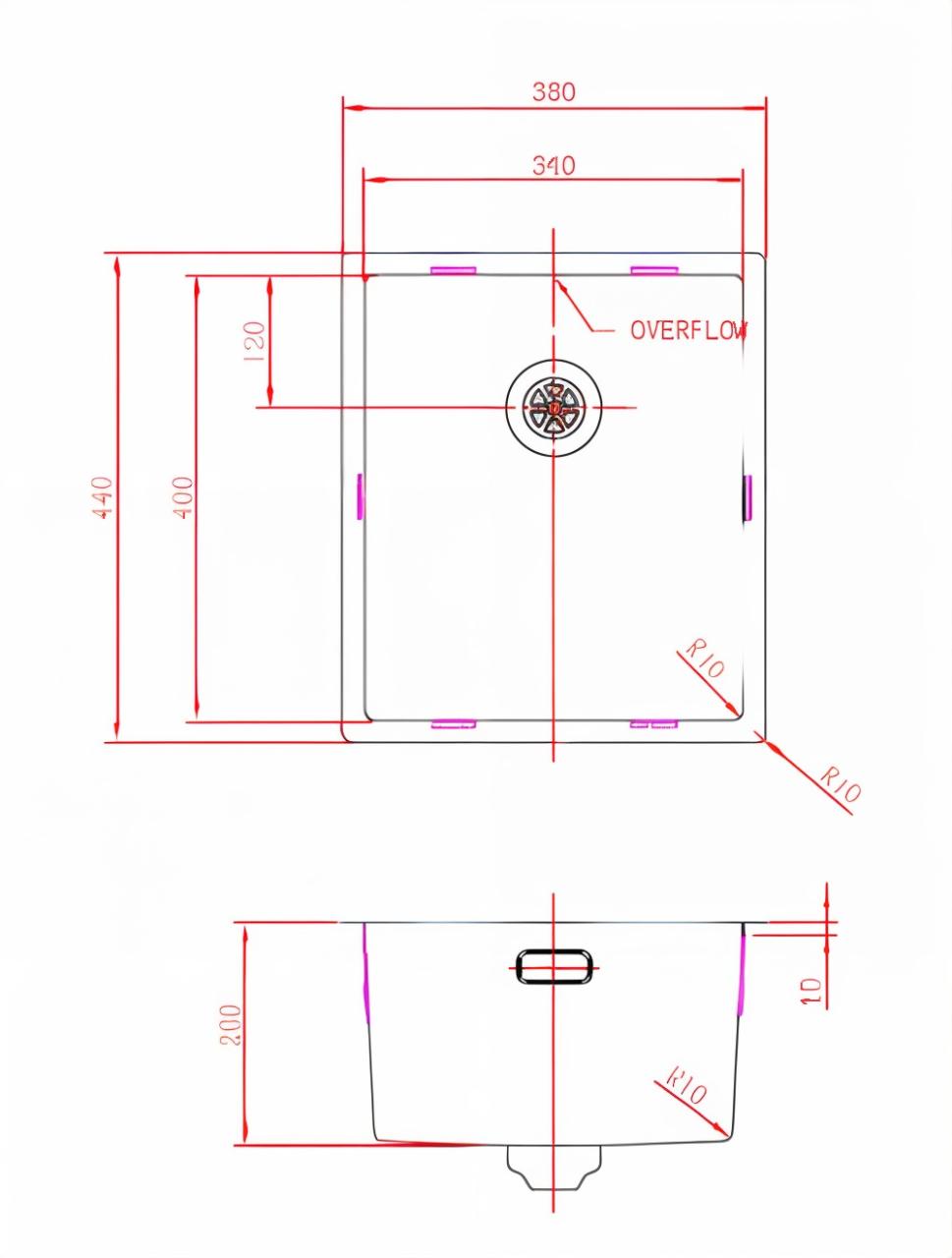 Pure.Sink Prestige spoelbak 34x40 cm PVD Koper 10mm radius onderbouw, vlakbouw en opbouw  PPG3440-62