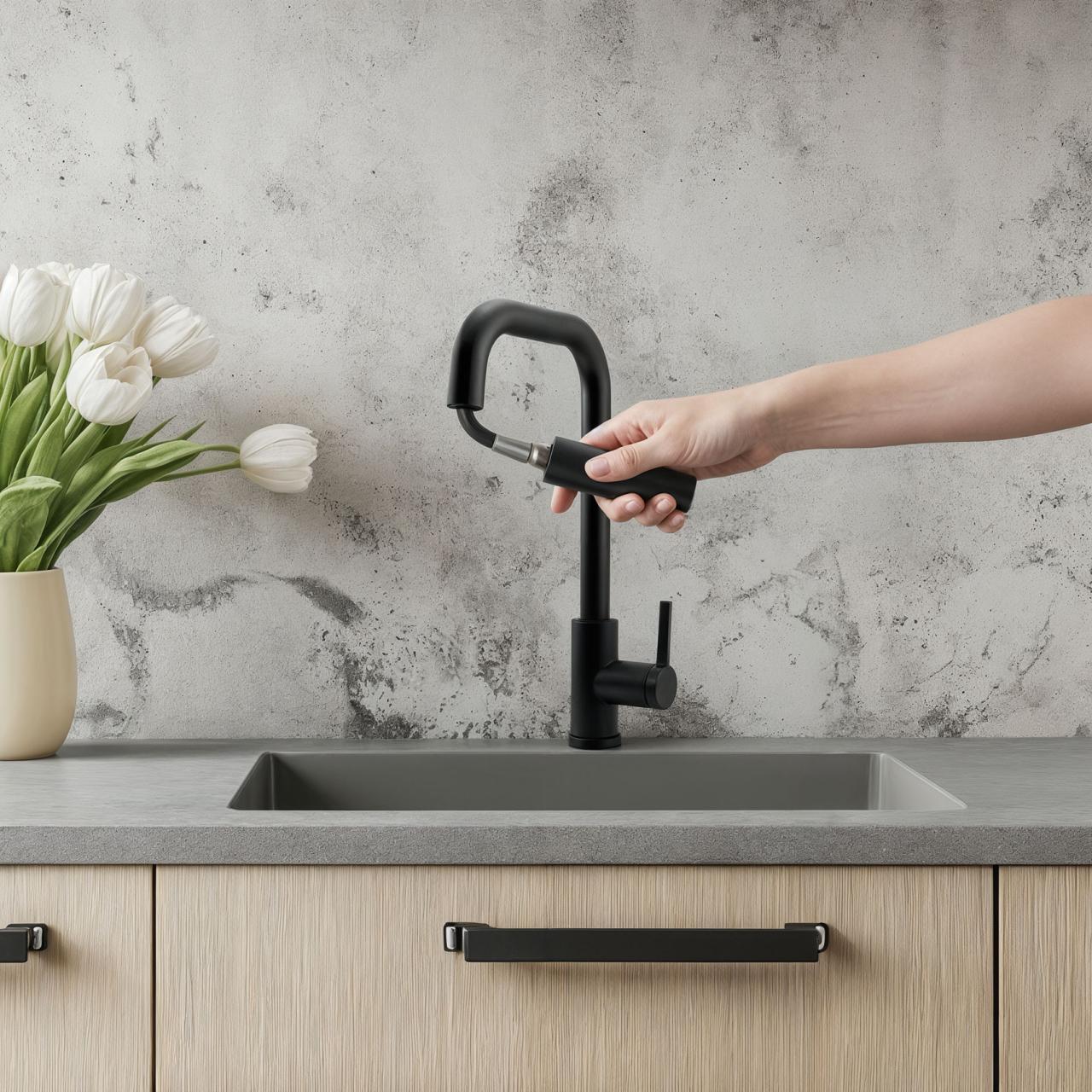Pure.Sink Elite Steel Crystal-S keukenkraan Matzwart met uittrekbare uitloop PS8050-10 - Productafbeelding 2