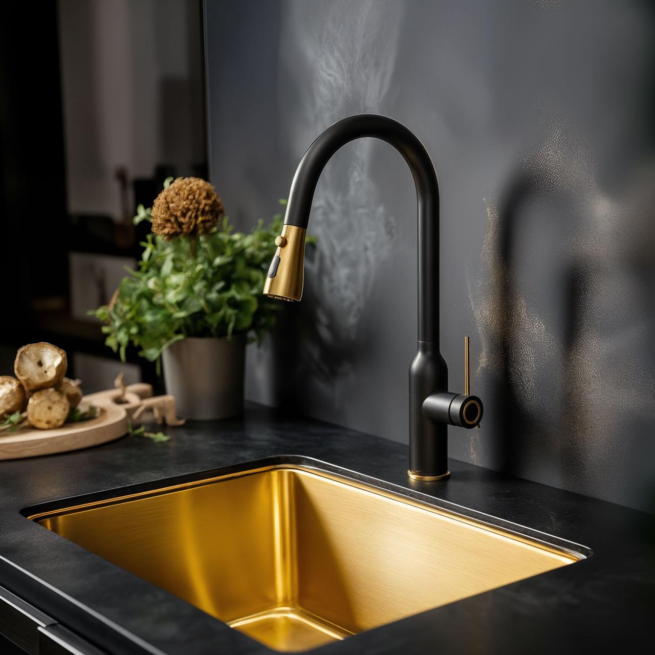 Quadri Stamford Keukenmengkraan Zwart met PVD Gouden Afwerking met Uitneembare Uitloop en Sproeistand 1208967693 - Productafbeelding 2