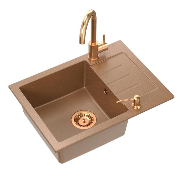 Quadri Kendal Set met Keukenkraan, Vloeistofdispenser en Granieten Koperkleurige Spoelbak 60x44 cm met Afdruipgedeelte en Koperen plug en Orveloop- 1208967840