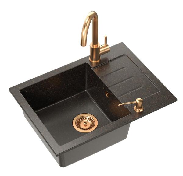 Quadri Kendal Set met Keukenkraan, Vloeistofdispenser en Granieten Antraciet Koperkleurige Spoelbak 60x44 cm met Afdruipgedeelte en Koperen plug en Orveloop- 1208967841