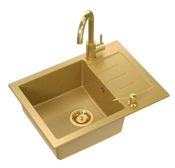 Quadri Kendal Set met Keukenkraan, Vloeistofdispenser en Granieten Goudkleurige Spoelbak 60x44 cm met Afdruipgedeelte en Gouden plug en Orveloop- 1208967842