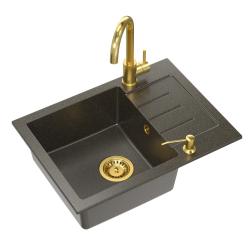 Quadri Kendal Set met Keukenkraan, Vloeistofdispenser en Granieten Antraciet Goudkleurige Spoelbak 60x44 cm met Afdruipgedeelte en Gouden plug en Orveloop- 1208967843