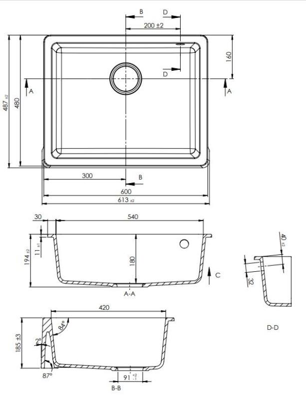 GraniteMy Tradition Landelijke Gootsteen Granieten Spoelbak 60x48 cm Zwart Onderbouw en Vlakbouw met Koperen Plug 1208967937