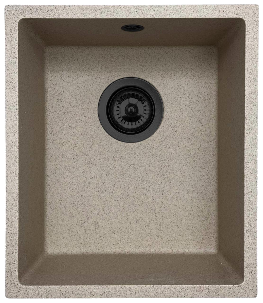 GraniteMy Universal granieten beige zand spoelbak 34x40 cm opbouw onderbouw en vlakinbouw met zwarte plug 1208968010 - Productafbeelding