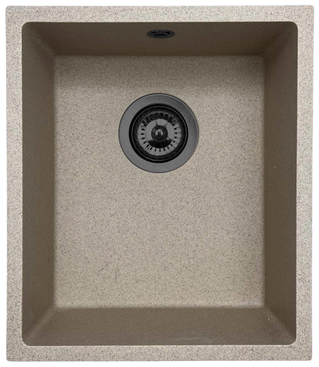 GraniteMy Universal granieten beige zand spoelbak 34x40 cm opbouw onderbouw en vlakinbouw met gun metal plug 1208968011 - Productafbeelding