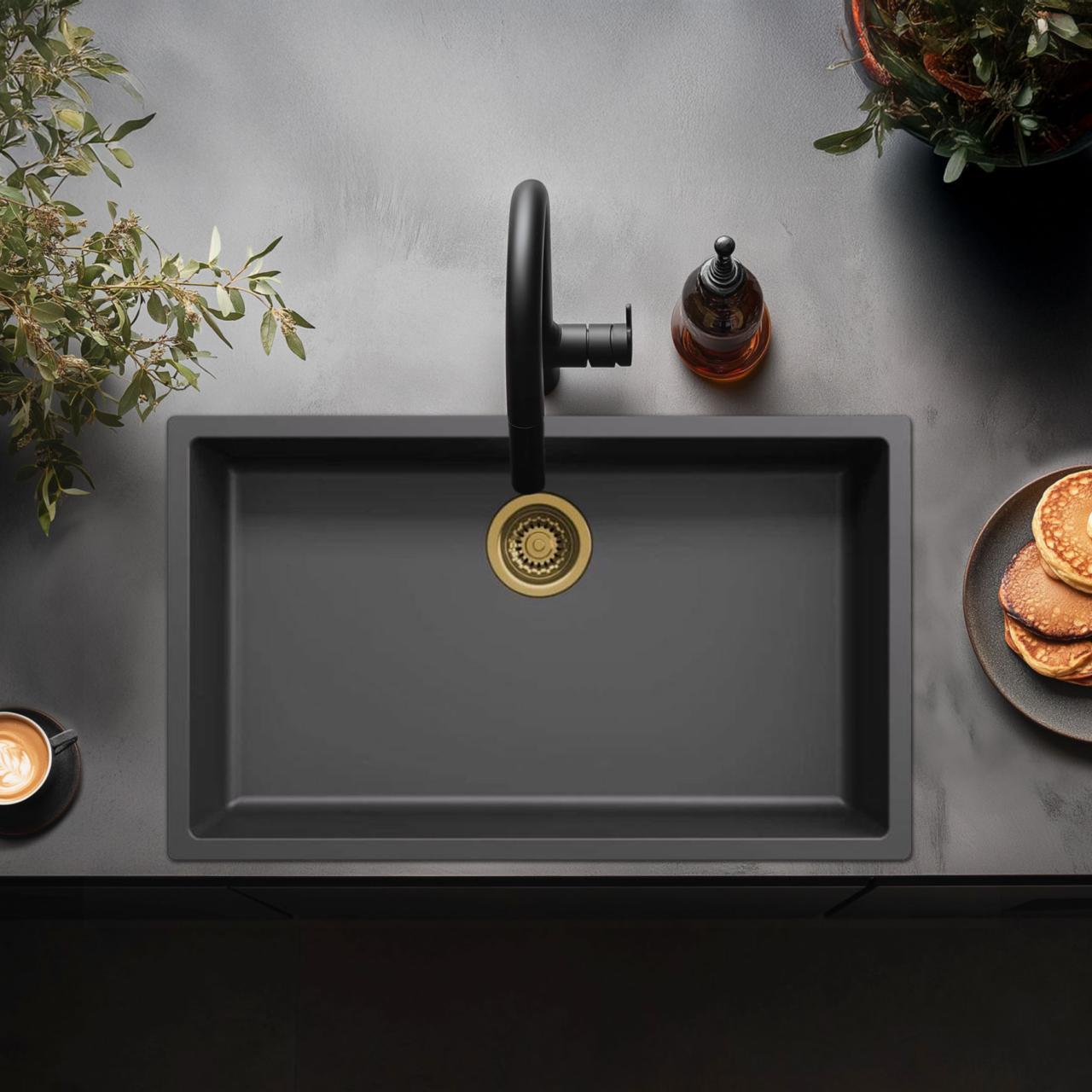 Zwarte grote spoelbak 70x40cm onderbouw opbouw en vlakbouw met gouden plug 1208968040 - Productafbeelding 2