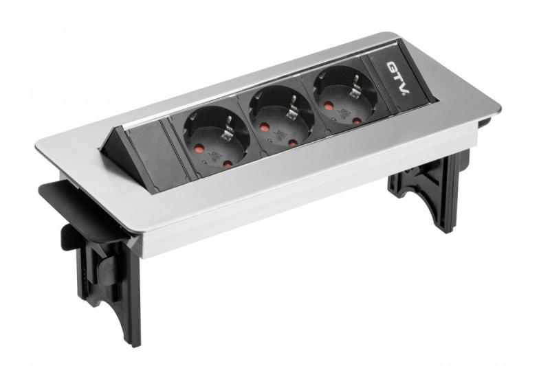 Desktop extension cord without cassette 3x schuko socket, 1.5m power cable with inox plug (screw mounting)