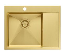 Aquadesign Clara Spoelbak Goud 62x48cm Opbouw  of Vlakinbouw met Afdruiprek, Kraangatbank en Gouden Plug - 1208969502