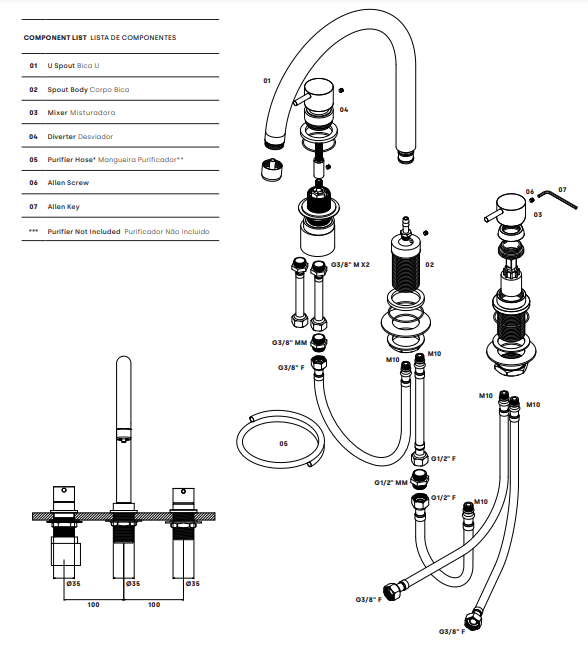 Waterevolution Flow 3-gats keukenmengkraan met draaibare uitloop en gefilterd water aansluiting light gold T152UWGE