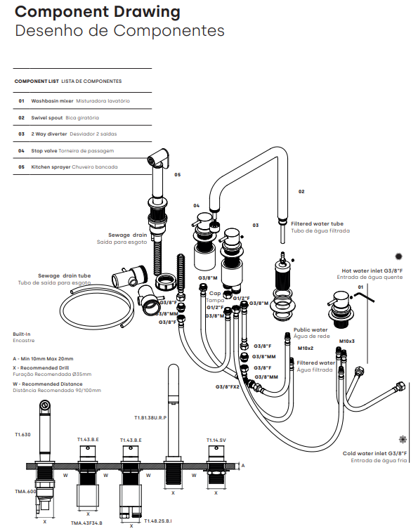 Waterevolution Flow 5-gats haakse keukenmengkraan met uittrekbare sproeier en gefilterd water aansluiting messing T154HLE