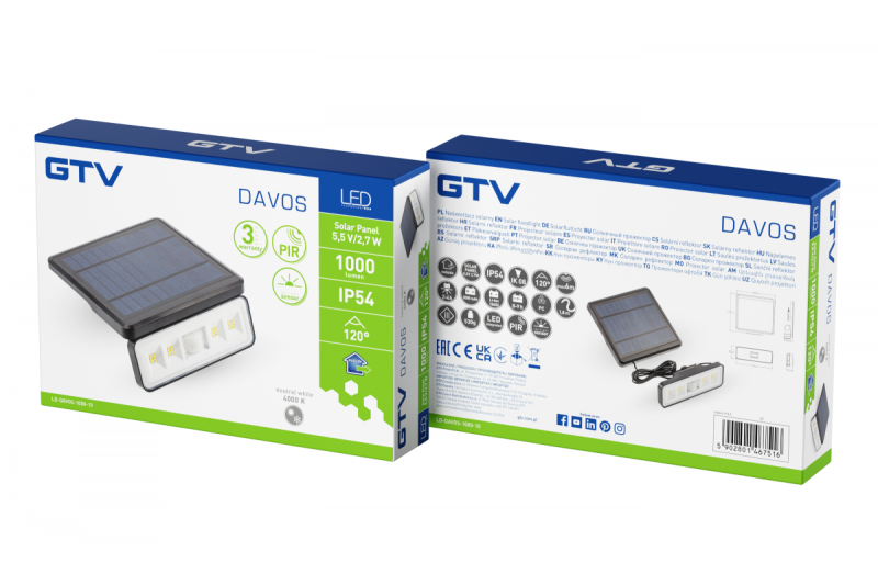 Zonne-lichtarmatuur met bewegings- en schemersensor DAVOS, LED, 1000lm, 4000K, 2000mAh, IP54, zwart