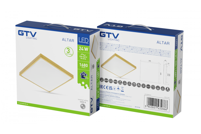ALTAR LED Plafondlamp, 295x295mm, 4000K, 24W, 1680lm, AC180-250V, 50/60 Hz, PF>0.5, IP44, Goudkleurig, 3 jaar garantie.
