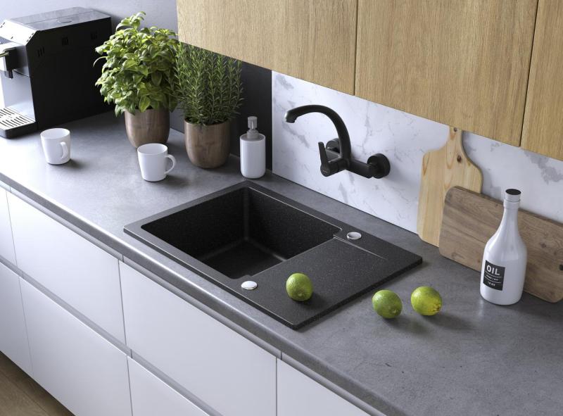 Aquadesign Kensley Set - Granieten Opbouw Spoelbak Grijs met kleine Afdruipgedeelte en Keukenkraan, 65 x 44 cm 1208970086