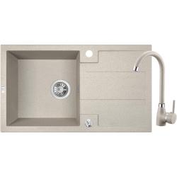 Aquadesign Hartwell Set - Granieten Opbouw Spoelbak Beige Zand met Afdruipgedeelte en Keukenkraan, 76 x 44 cm - 1208970088