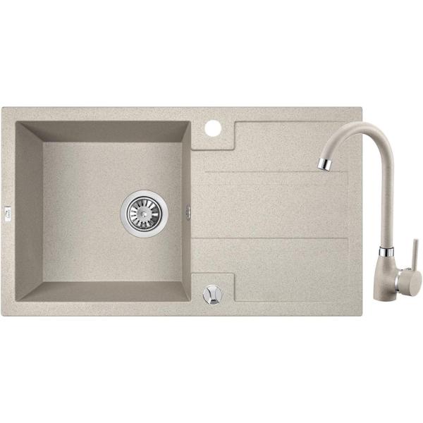 Aquadesign Hartwell Set - Granieten Opbouw Spoelbak Beige Zand met Afdruipgedeelte en Keukenkraan, 76 x 44 cm - 1208970088