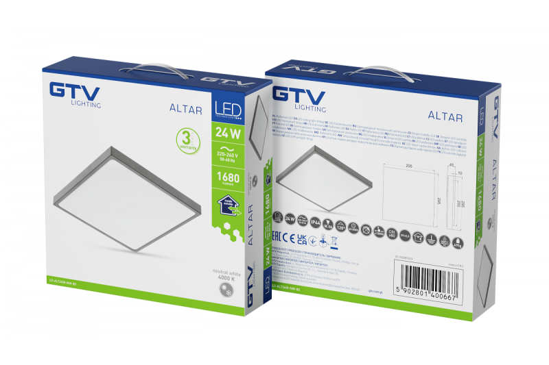 ALTAR LED Plafondlamp, 295x295mm, 4000K, 24W, 1680lm, AC180-250V, 50/60 Hz, PF>0.5, IP54, grijs, 3 jaar garantie