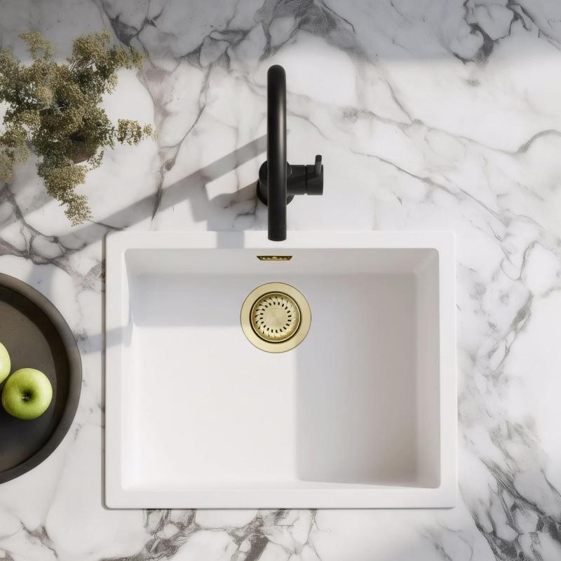 Witte Spoelbak 50x40 cm Onderbouw, Opbouw en Vlakinbouw met Gouden Plug 1208970532