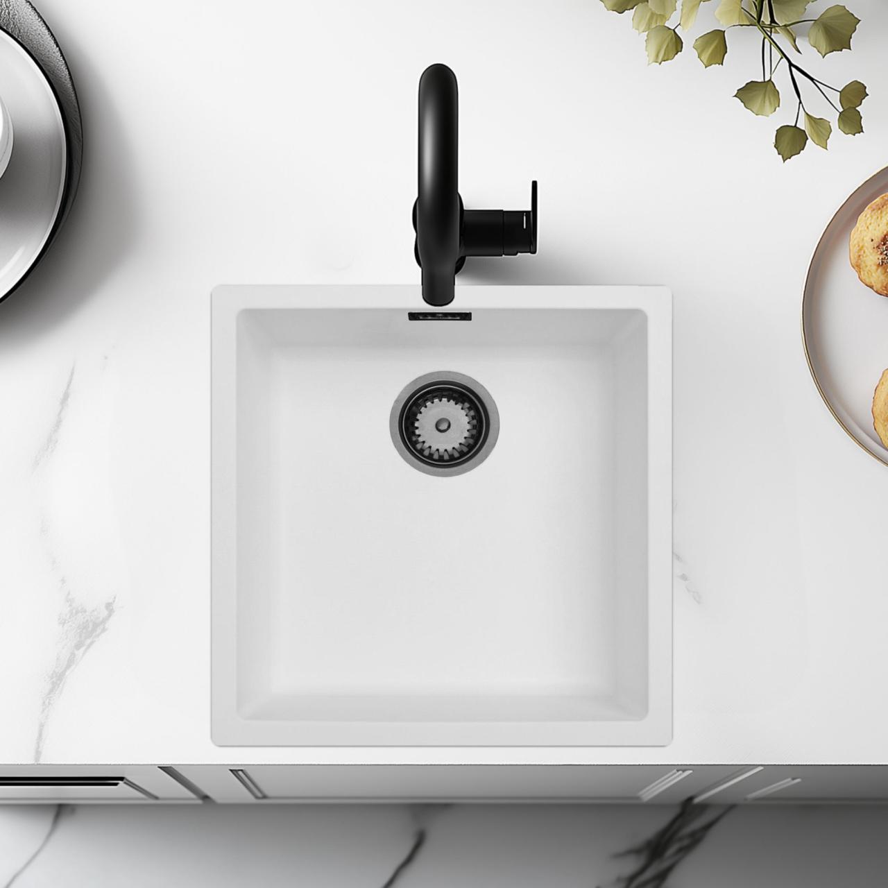 Witte Spoelbak 40x40 cm Onderbouw, Opbouw en Vlakinbouw met Gun Metal Plug 1208970534 - Productafbeelding 2