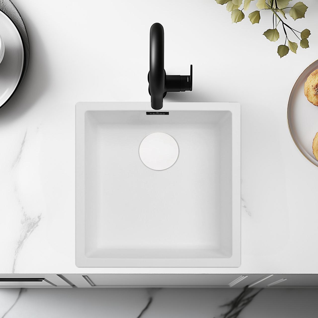 Witte Spoelbak 40x40 cm Onderbouw, Opbouw en Vlakinbouw met Witte Plug 1208970536 - Productafbeelding 2