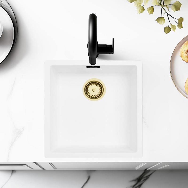 Witte Spoelbak 40x40 cm Onderbouw, Opbouw en Vlakinbouw met Gouden Plug 1208970537