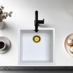 Zand Wit Creme Spoelbak 40x40 cm Onderbouw, Opbouw en Vlakinbouw met Gouden Plug 1208970542