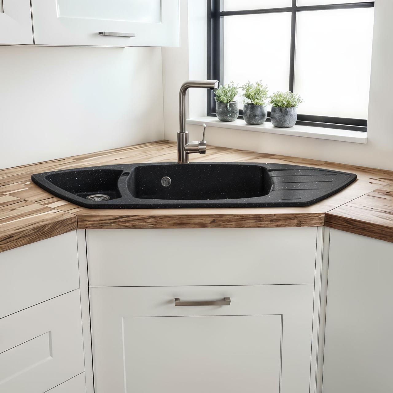 Graniteland Monte Granieten zwart arduin hardsteen Hoekspoelbak opbouw 901x538mm met RVS Plug 1208970601 - Productafbeelding 2