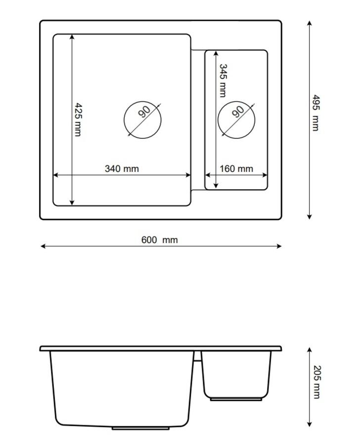 Graniteland Adda Granieten zwart Arduin hardsteen look 1.5 Spoelbak Opbouw 600x495mm met RVS Plug 1208970619