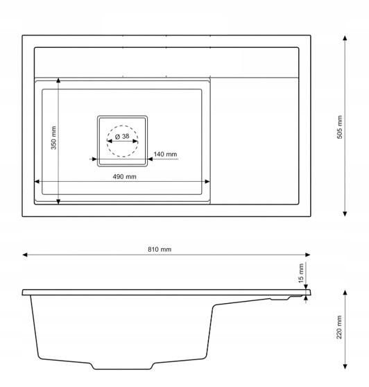 Graniteland Seta Granieten Zwart Spoelbak opbouw 810x505mm met RVS vierkant Plug 1208970624