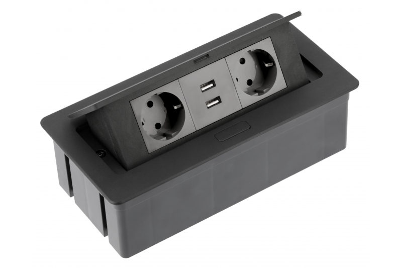 Bureaublad verlengkabel SOFT 2x schuko stopcontact, USB 2.1A, stroomkabel met stekker, zwart