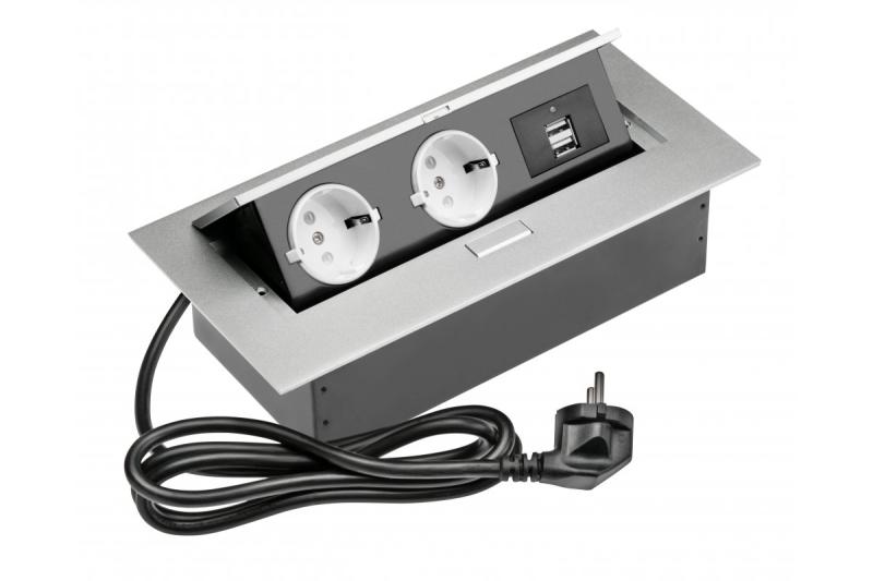 Bureaubladverlengkabel 2x Schuko-stopcontact, 2x USB, voedingskabel met stekker, aluminium