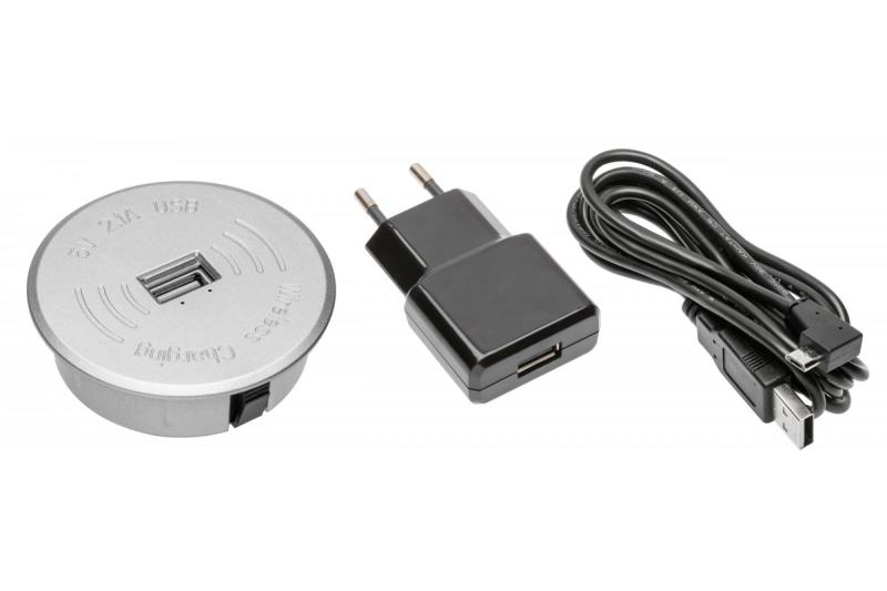 Draadloze oplader set met USB zilver met voedingsadapter (2m USB afneembare kabel)