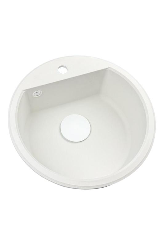 GraniteMy Bremen ronde granieten spoelbak 43 cm wit opbouw en onderbouw met kraangatbank met wit plug 1208971221