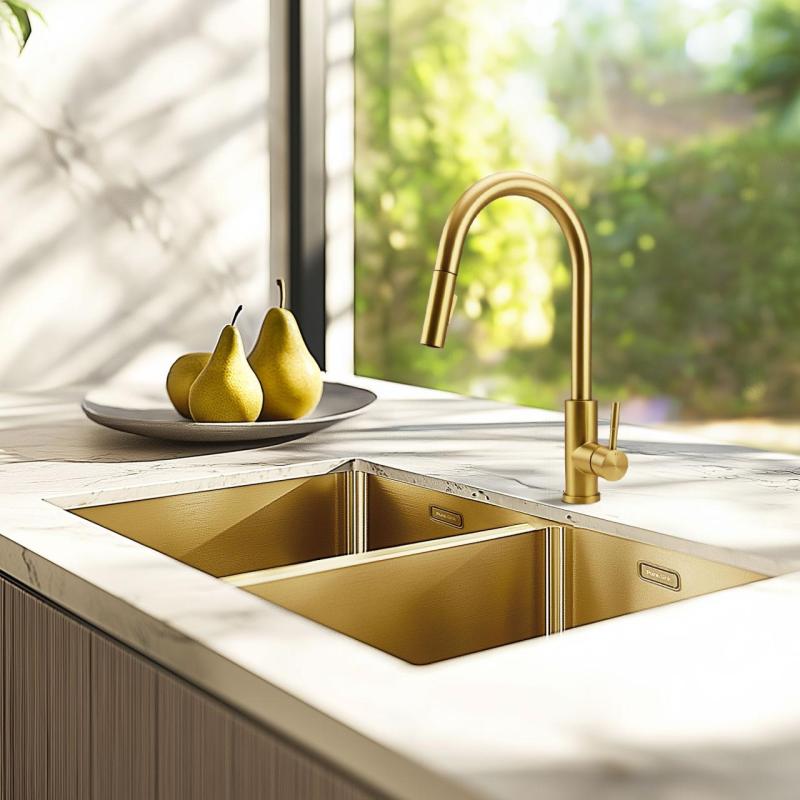 Pure.Sink Prestige Dubbele Gouden spoelbak 70x40 cm 10mm radius onderbouw, vlakbouw en opbouw PPG343440-60