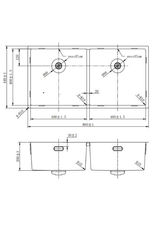 Pure.Sink Prestige Dubbele Gouden spoelbak 82x40 cm 10mm radius onderbouw, vlakbouw en opbouw PPG404040-60