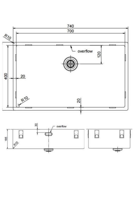 Pure.Sink Exclusivo grote Koperen spoelbak 70x40 cm 10mm radius onderbouw, vlakinbouw en opbouw PEX7040-62