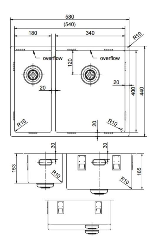 Pure.Sink Exclusivo Gouden 1,5 anderhalve spoelbak 18+34 cm 10mm radius PEX183440-60